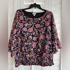 SAM AND JESS Floral Black Smocked Waist Round Neck Top Size XL